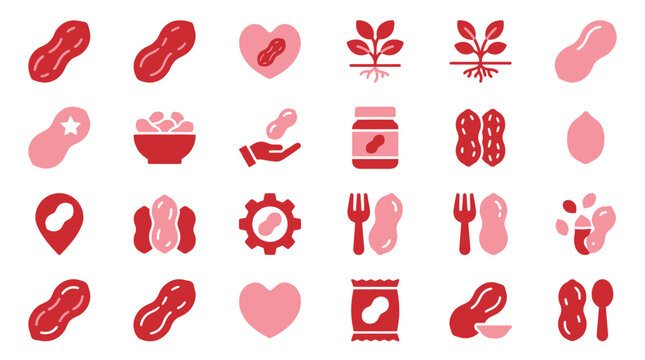 Collection of peanut icons and symbols in red and pink colors, representing various aspects of peanuts and their consumption.