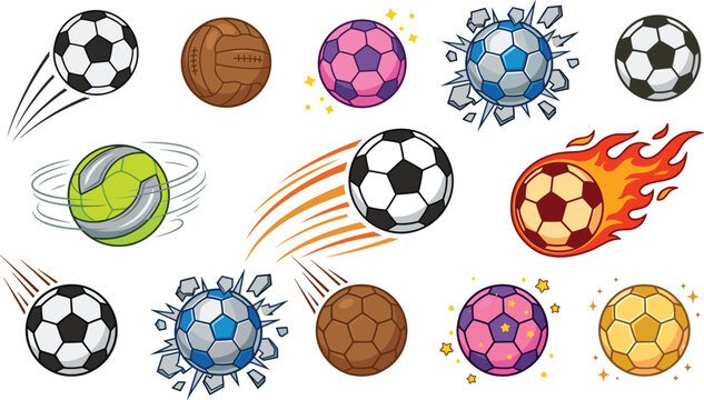 Soccer and football balls vector icons set featuring classic leather flying balls spinning fire fireballs golden globes pink patterns and cracked wall breaks isolated on white background.