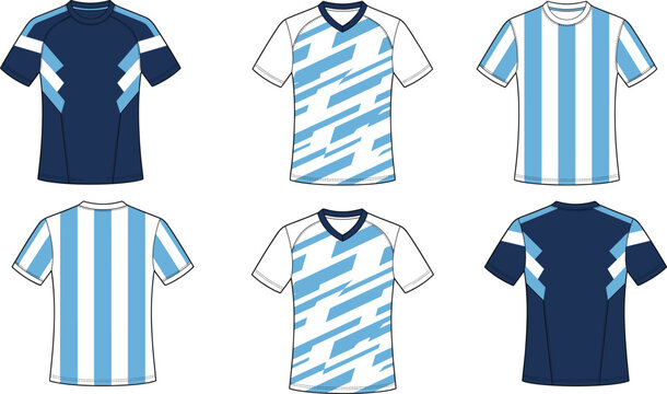 Soccer jersey kit vector templates collection featuring front and back views of striped blue and white shirts alongside dark blue graphic training t-shirts isolated on white background.