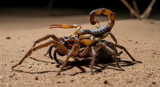 Close-Up Scorpion on Top of Another Scorpion in Desert Sand