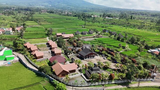 Ascending Drone Shot From Pandanwangi Tourism Village Toward Mount Gede in Cianjur Indonesia