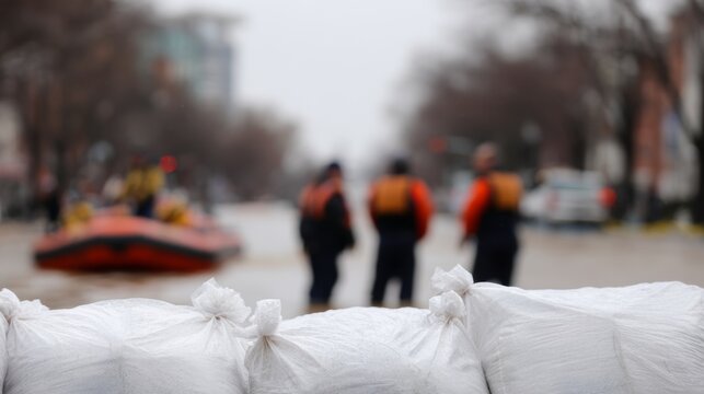 Flood emergency scene with sandbags barrier protecting street from rising water, rescue workers in orange waterproof suits near inflatable boat in flooded area. Storm disaster response concept.