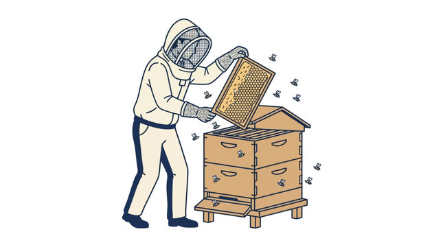 beekeeper in protective suit working.