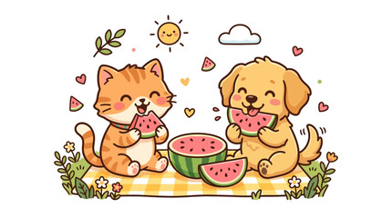 Cute cat and dog eating watermelon. © setok