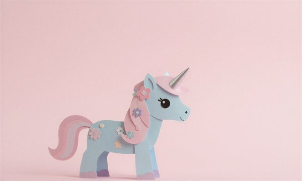 Cute blue paper unicorn with flowers, standing on pink background.