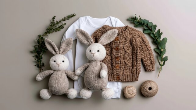Soft Baby Clothing Arrangement with Knitted Cardigan and Cute Bunny Toys on Neutral Background