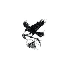 Obraz premium Hand-drawn vector illustration of a black raven flying and holding a grim reaper scythe above a human skull, isolated on a white background