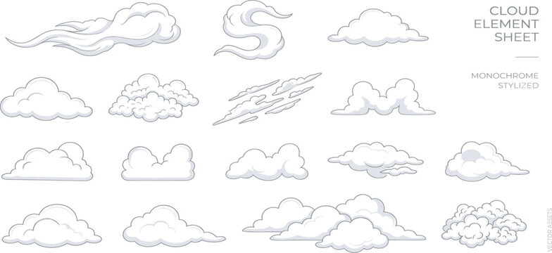 Various cloud shapes and types illustrated in different line drawings