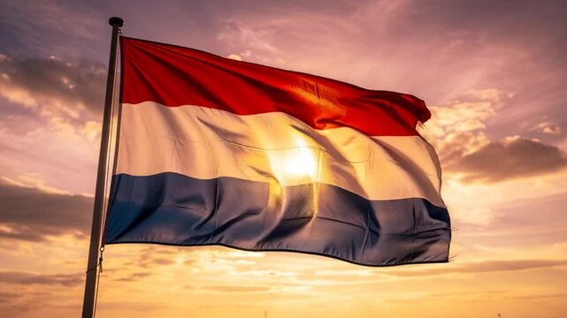 Netherlands flag waving proudly in the wind at golden hour