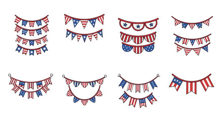 Fototapeta premium Patriotic banners hanging with American flags and decorations in festive outdoor celebration setting with strings.