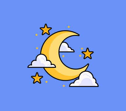 Cute crescent moon surrounded by stars and fluffy clouds in a cartoon night sky scene for bedtime themes, nursery decor, sleep concepts, and children's illustrations
