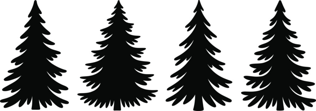 Four black silhouette pine trees of varying sizes and shapes 