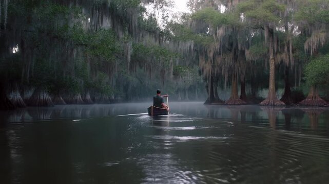 Lone person rowing a small boat through a misty swamp