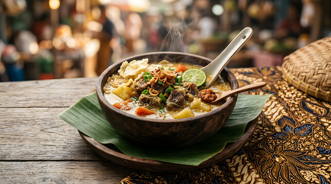 Steaming bowl of traditional indonesian soto daging beef soup served in a rustic wooden bowl with lime and fresh garnishes
