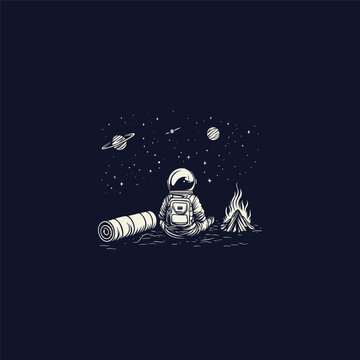 Astronaut camping in outer space sitting near a campfire and looking at stars and planets, hand drawn vector illustration.