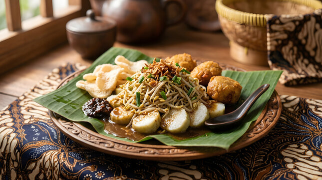 Traditional Indonesian kupat tahu dish featuring rice cakes bean sprouts fried tofu crackers and savory peanut sauce on banana leaf