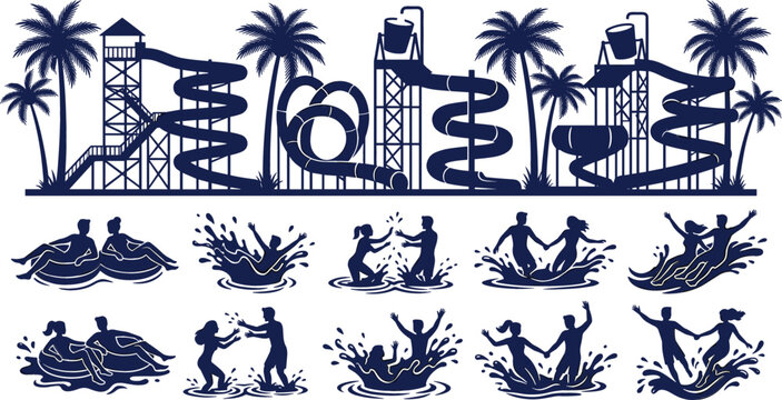 Water Park Silhouette Icon Set with Waterslides Palm Trees and Couples Splashing in Pool for Summer Vacation Designs