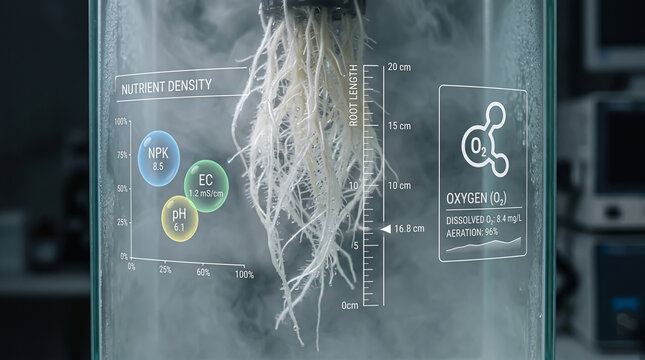 Close up of plant roots growing in a laboratory hydroponic tank with digital data interface overlay showing nutrient density and oxygen levels