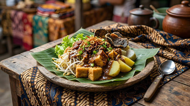 Traditional indonesian gado gado salad featuring fresh tofu boiled potatoes bean sprouts and savory peanut sauce served on banana leaf