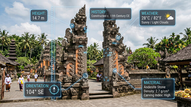 Wide angle shot of a traditional Balinese temple gate featuring augmented reality digital data overlays displaying historical facts and weather conditions