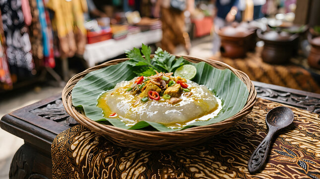 Traditional papeda porridge served with yellow fish soup on a green banana leaf inside a woven wooden basket bowl display
