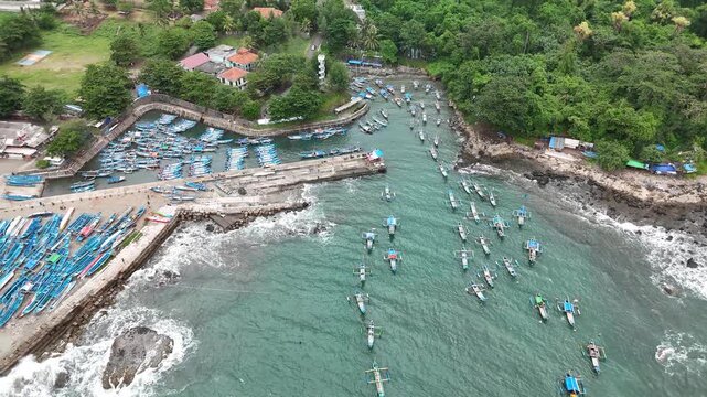 Orbit Drone View of Jayanti Fishing Harbor in Cidaun West Java Indonesia