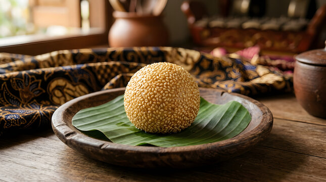 Round golden sesame seed ball rests on a fresh green banana leaf inside a rustic wooden bowl with traditional batik
