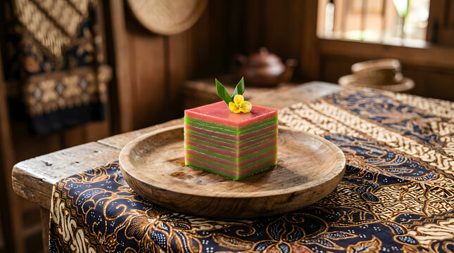 Traditional layered steamed kue lapis cake served on a rustic wooden plate with a vibrant yellow flower and green garnish