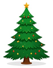 Fototapeta premium A cartoon-style Christmas tree with a yellow star on top and colorful ornaments