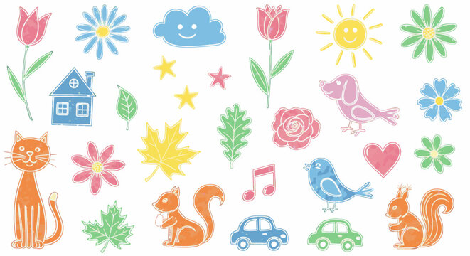 Children's drawing style vector icons of animals, nature, and objects in bright colors