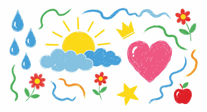 Hand-drawn cheerful elements: sun, clouds, rain, flowers, heart, star, crown, apple