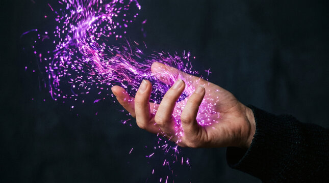 Hand Releasing Purple Glowing Particles.