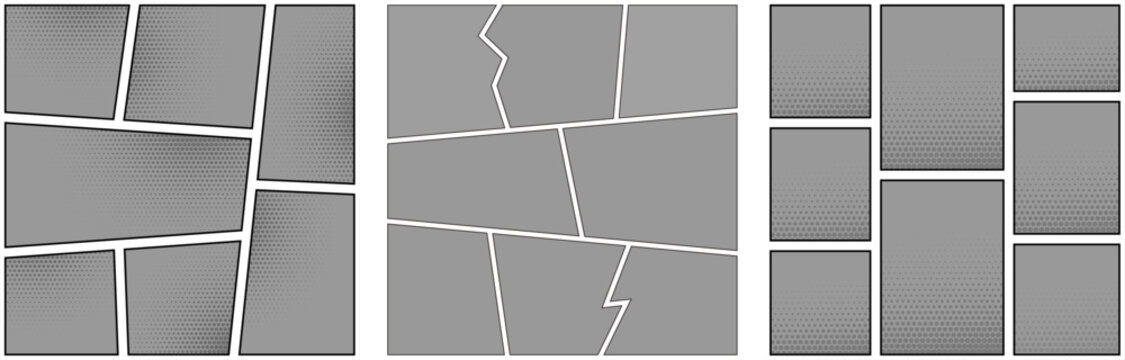 Comic book background with various blank panels and halftone dot textures vector.