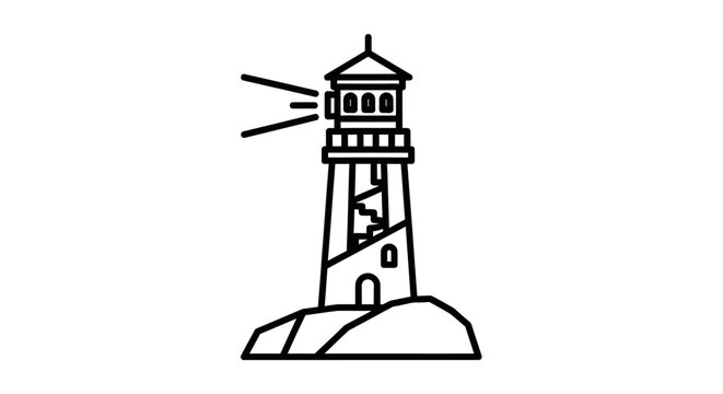 Lighthouse icon, line art illustration of a beacon tower on a rocky base, emitting light rays for maritime navigation and guidance
