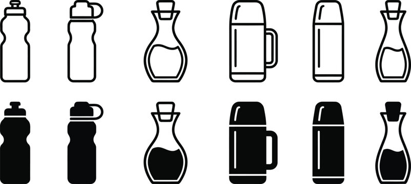 Water bottle thermos flask and glass decanter icon set with outline and solid glyph style vector illustration