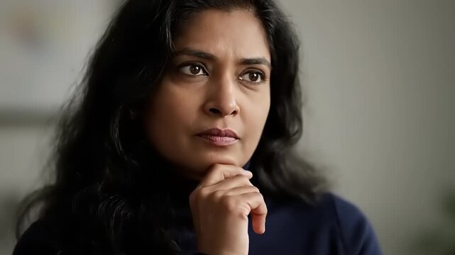 Woman deep in thought with hand on chin looking away.