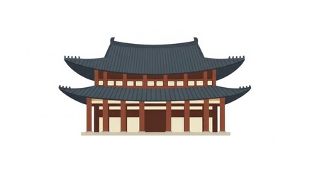 Fototapeta premium Architecture - Traditional Korean Palace Building with Two Tiered Curved Roof and Red Wooden Pillars Flat Vector Illustration