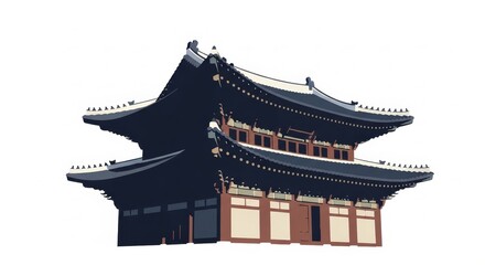 Fototapeta premium Architecture - Traditional Korean Palace Gate Building Gyeongbokgung Two Story Pagoda Style Vector Illustration