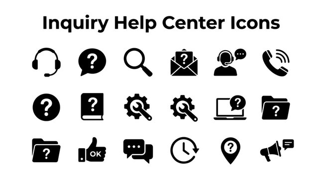 Inquiry Help Center Icons Set: Support, Questions, and Solutions