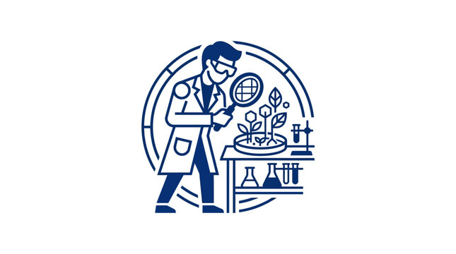 Scientist in lab coat examining plant.
