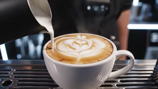 Close up of barista pouring steamed milk for latte art