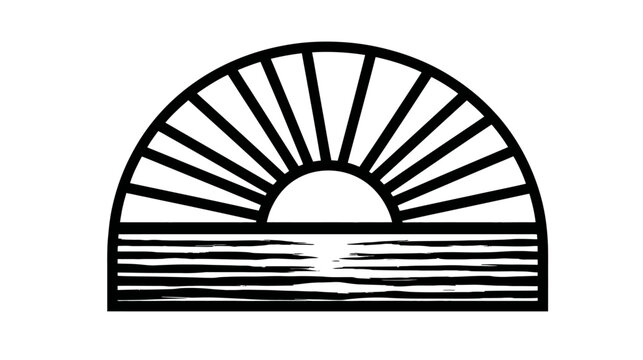 Minimalist line art icon: serene sunrise or sunset over ocean water. Abstract graphic illustration of sun rising above sea horizon.