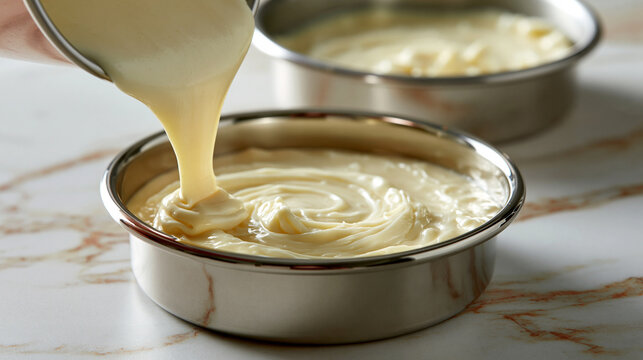 Creamy Cake Batter Flowing into Metal Baking Tin During Dessert Preparation
