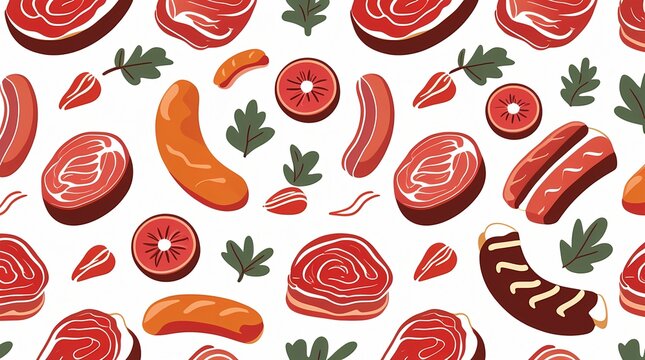 Seamless Butcher Meat Pattern, Steak Sausage Bacon Food Background, BBQ Meat Texture