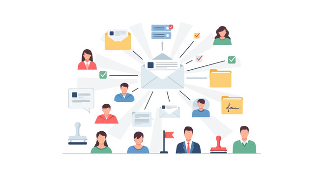 Email communication network with envelope and team icons