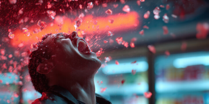 Man punched in face frozen mid impact red particle burst emotional expression city night background dramatic action scene