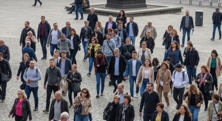 Fototapeta premium A group of people walking in a busy city square, with a statue in the background.