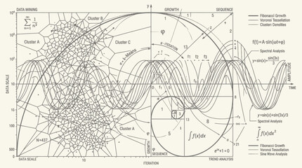 Obraz premium Abstract data mining chart with Voronoi diagrams and mathematical curves