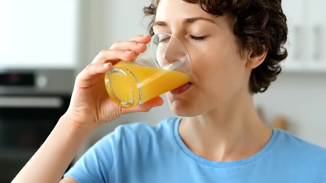 Woman Drinks Refreshing Orange Juice in Kitchen.