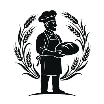 Baker holding fresh bread in wheat wreath, culinary logo